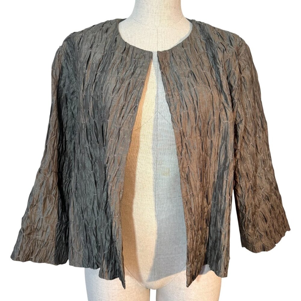 Eileen Fisher Womens 100% Silk Jacket Open Front Size L Crinkle Smock Texture - Picture 2 of 8